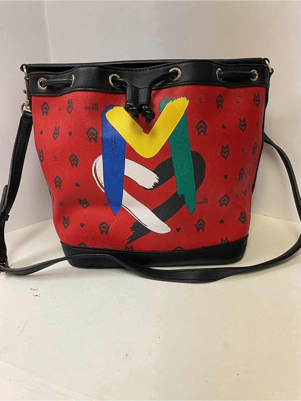 Love Moschino Red Bucket Crossbody with Multicolor Brushstroke Heart